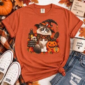 Halloween Ragdoll Cat Tee Witch Hat, Pumpkins, Autumn Leaves